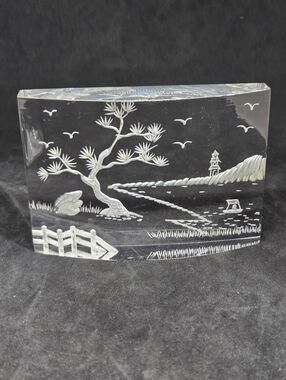 Reverse Carved Lucite Scenic Garden Sculpture